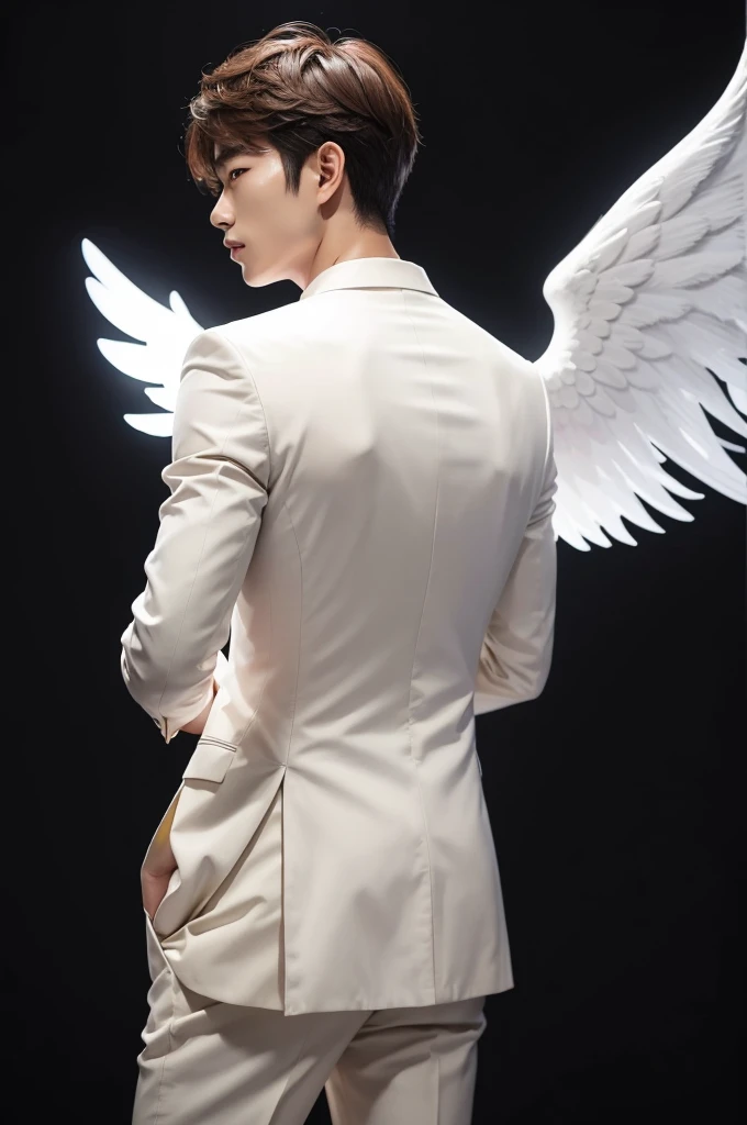 A Korean man with light brown hair in a white suit back showing angel wings looking back black background