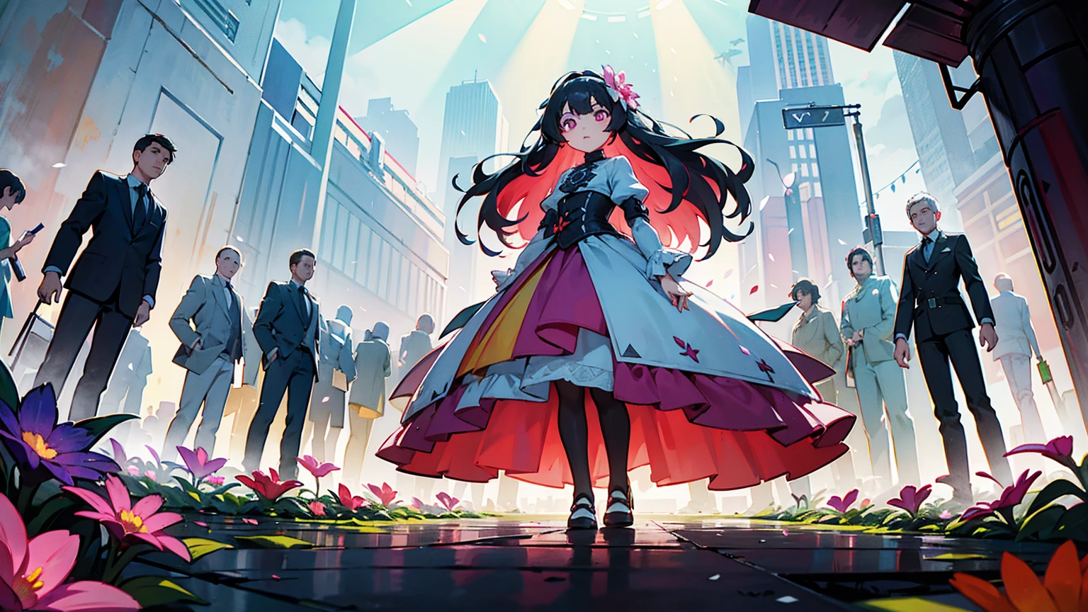 A vibrant flower blooms on the dirty ground of a large gray avenue. A crowd of gray, soulless people crosses the streets. A colorful , glowing with bright hues, stands protectively over the flower, protecting it with her little hands and determined eyes. Sunlight breaks through the dark clouds. 