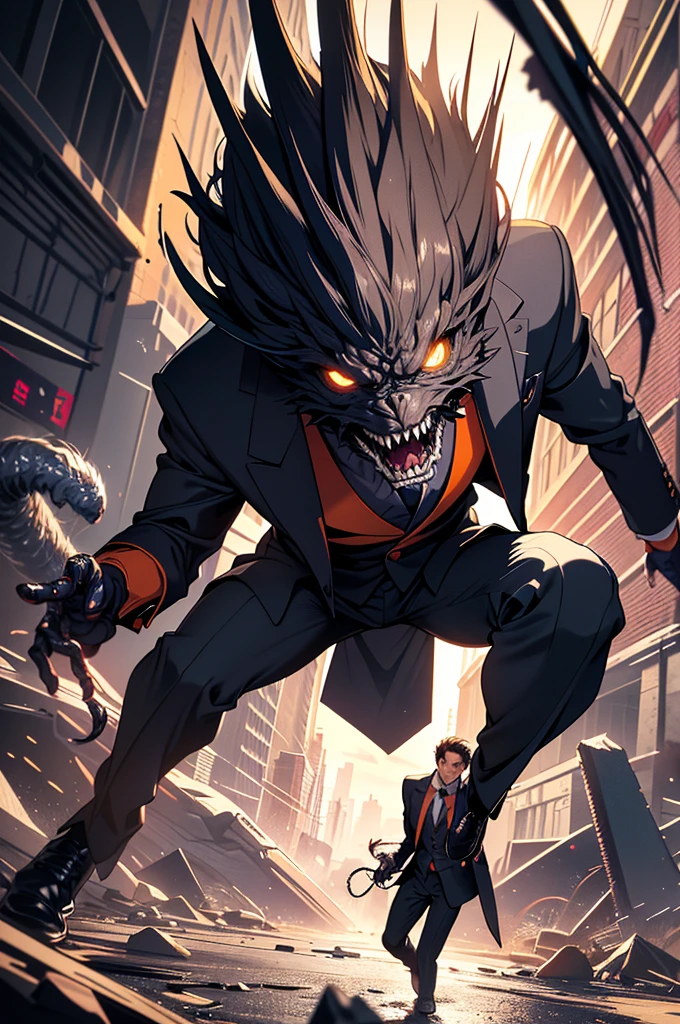 25 years old man wearing a suit jacket fighting with big spider monster, fighting, 1man, highres,sharp focus,(ultra detailed,extremely detailed),(photorealistic artwork:1.37),(extremely detailed CG unity 8k wallpaper),(((vibrant colors,vibrant theme))),(intricate),(masterpiece),(best quality),