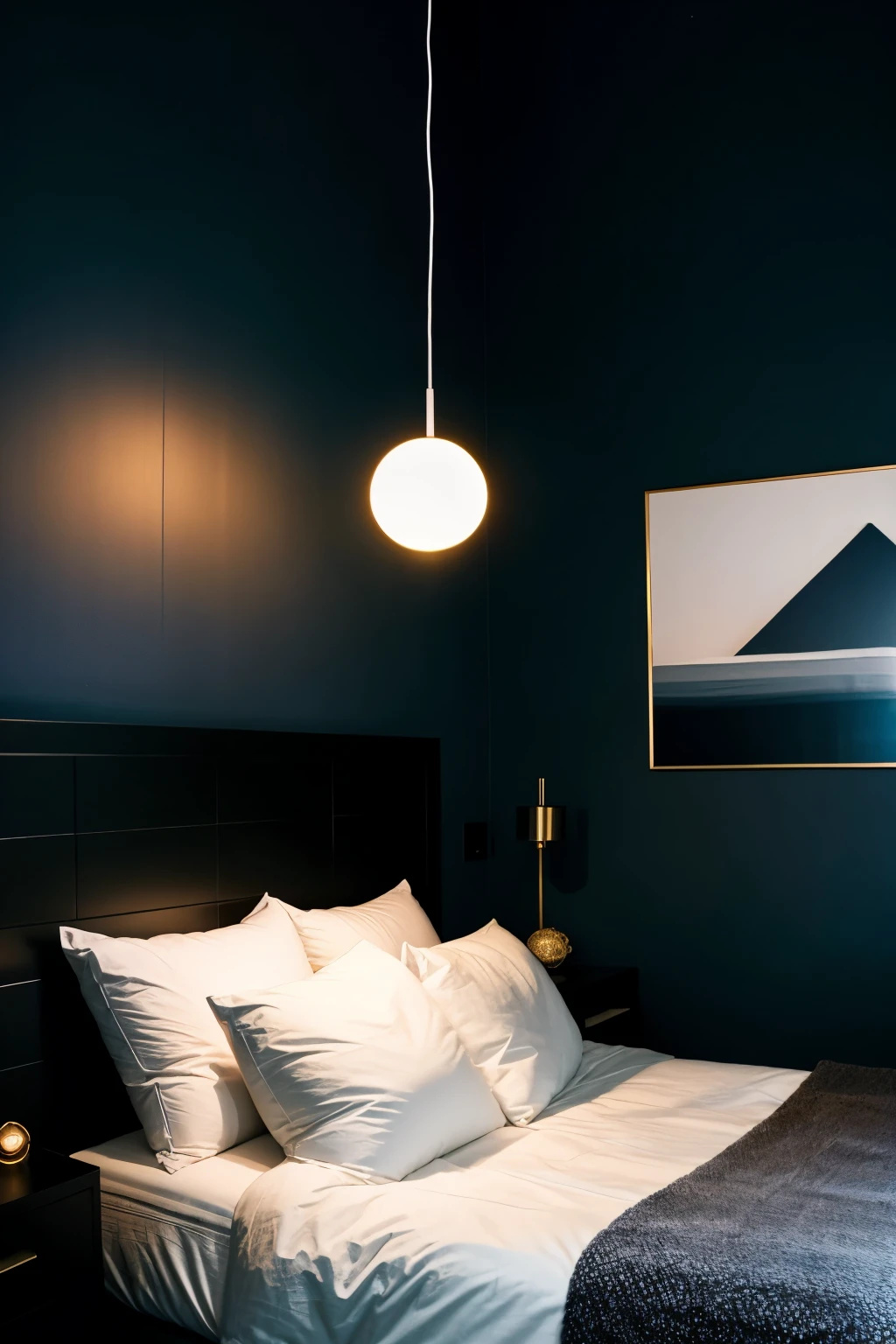 A bedroom with a modern aesthetic, illuminated by red and blue lights in the background. A Japanese woman with straight, black hair is kneeling on the bed, facing the wall. The bed has a simple, sleek design with dark-colored bedding. The room includes minimalistic furniture, such as a small bedside table with a lamp and a few decorative items. The ambiance of the room is calm and slightly futuristic due to the colored lighting.
 
