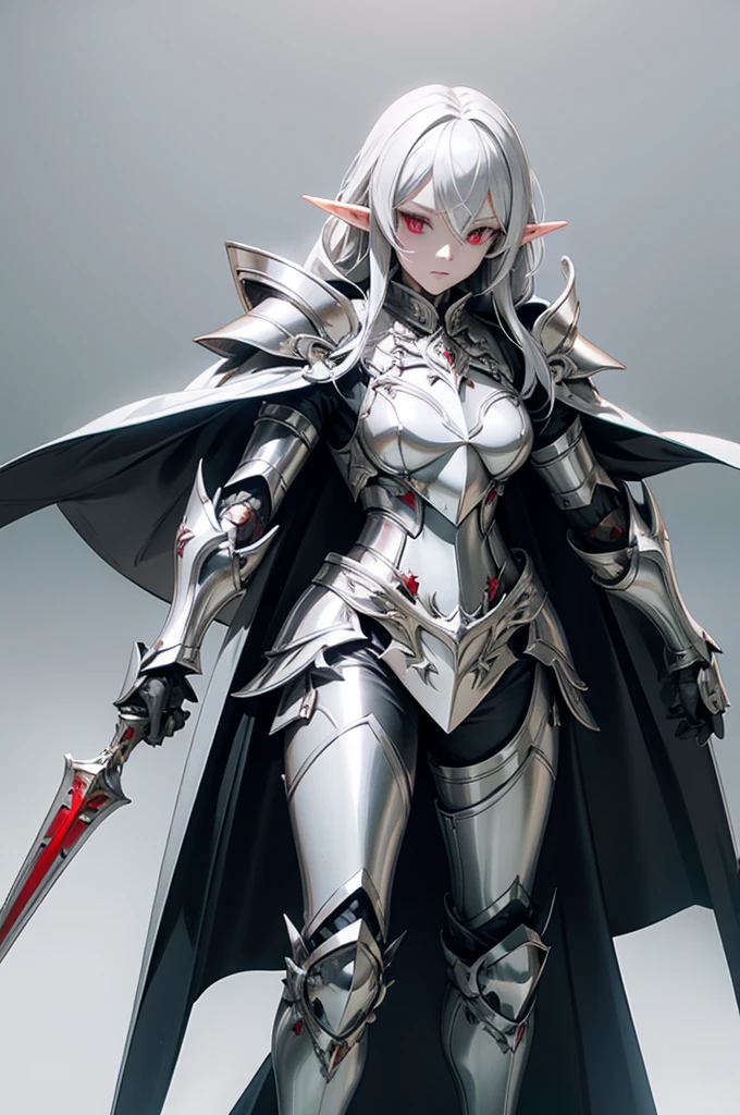 female elf knight, full body art, silver hair, white skin, red iris eye, knight full plate adorned armor, silver cape, perfectly detailed