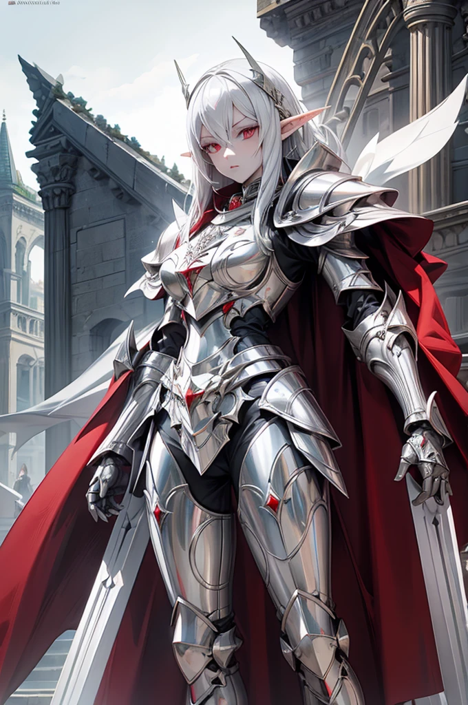 female elf knight, full body art, silver hair, white skin, red iris eye, knight full plate adorned armor, silver cape, perfectly detailed