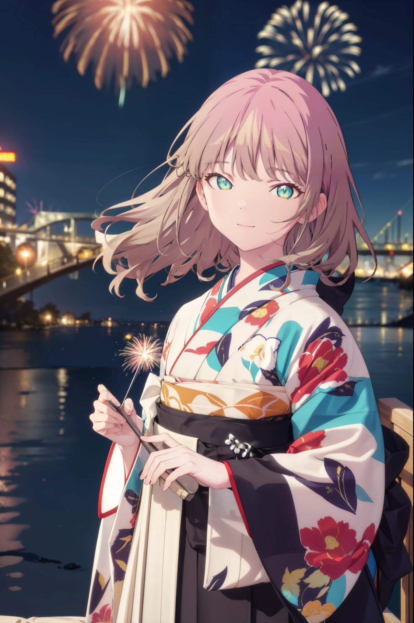 Yume Minami,sss dynazenon ,Brown Hair,Green Eyes,hair tied back,Flower hair ornament,Aka kimono,Thick sleeves,Sandals,So that the whole body goes into the illustration,smile,Fireworks in the night sky,Fireworks,The place is a fireworks display、Time is night,break outdoors, Festival,break looking at viewer, Upper Body,(Cowboy Shot:1. 5) , break (masterpiece:1.2), Highest quality, High resolution, unity 8k wallpaper, (shape:0.8), (Beautiful and beautiful eyes:1.6), Highly detailed face, Perfect lighting, Extremely detailed CG, (Perfect hands, Perfect Anatomy),