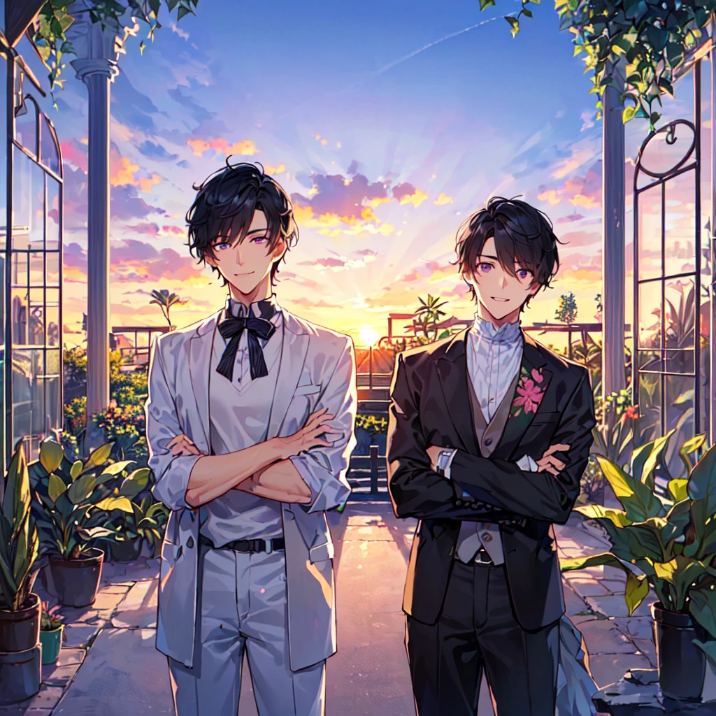 masterpiece,best quality,high quality,(1 male austere handsome solo adult age 30 years old:1.5), purple eyes, cool with suspended eyes, V-shaped eyebrows, body strong and fearless 8.5 head tall, height 185cm, (well-groomed black short hair down to neck:1.4), (bangs 7 thirds parted:1.4), slender nose, facial muscles, throat, (pants in houseplant print fashion:1.3), (standing), (stylish pose), (fearless smile:1.3), (botanical garden full of houseplants in background:1.5), (sunset:1.2), (upper body:1.3)