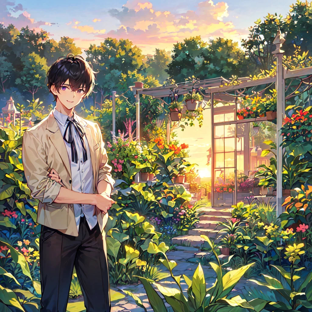masterpiece,best quality,high quality,(1 male austere handsome solo adult age 30 years old:1.5), purple eyes, cool with suspended eyes, V-shaped eyebrows, body strong and fearless 8.5 head tall, height 185cm, (well-groomed black short hair down to neck:1.4), (bangs 7 thirds parted:1.4), slender nose, facial muscles, throat, (pants in houseplant print fashion:1.3), (standing), (stylish pose), (fearless smile:1.3), (botanical garden full of houseplants in background:1.5), (sunset:1.2), (upper body:1.3)