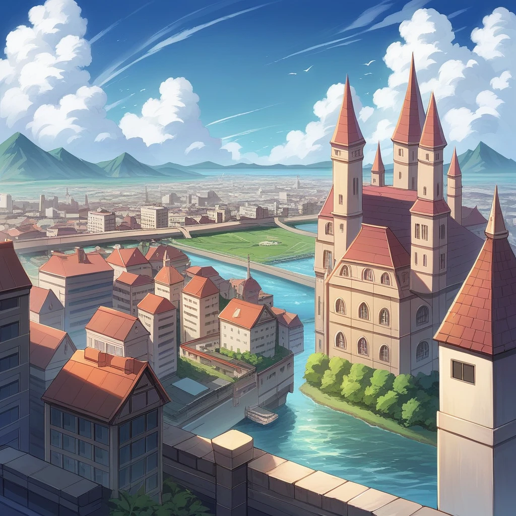 1girl,bangs,black_hair,blue_sky,bridge,building,castle,city,cityscape,cloud,day,dress,looking_at_viewer,outdoors,red_neckwear,red_ribbon,ribbon,river,short_hair,short_sleeves,sky,skyscraper,solo,standing,town,water,(masterpiece,anime,newest,new,exceptional:1.2),