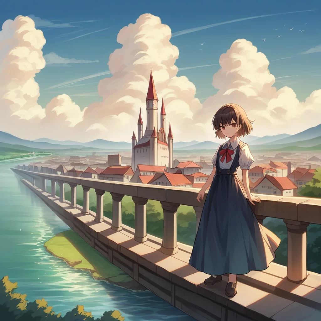 1girl,bangs,black_hair,blue_sky,bridge,building,castle,city,cityscape,cloud,day,dress,looking_at_viewer,outdoors,red_neckwear,red_ribbon,ribbon,river,short_hair,short_sleeves,sky,skyscraper,solo,standing,town,water,(masterpiece,anime,newest,new,exceptional:1.2),