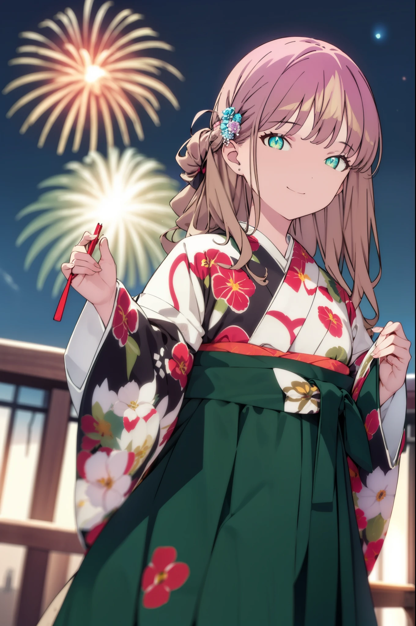 Yume Minami,sss dynazenon ,Brown Hair,Green Eyes,hair tied back,Flower hair ornament,Aka kimono,Thick sleeves,Sandals,So that the whole body goes into the illustration,smile,Fireworks in the night sky,Fireworks,The place is a fireworks display、Time is night,break outdoors, Festival,break looking at viewer, Upper Body,(Cowboy Shot:1. 5) , break (masterpiece:1.2), Highest quality, High resolution, unity 8k wallpaper, (shape:0.8), (Beautiful and beautiful eyes:1.6), Highly detailed face, Perfect lighting, Extremely detailed CG, (Perfect hands, Perfect Anatomy),