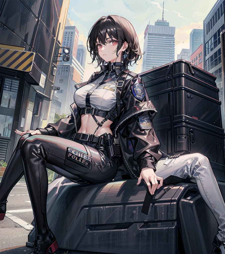 full body, medium tits, medium hair, black hair, tearful mole, earring, Sexy female police officer, Shiny black uniform, Tactical belt with equipment, Glossy Badges and Name Tags, Leaning against a police car,