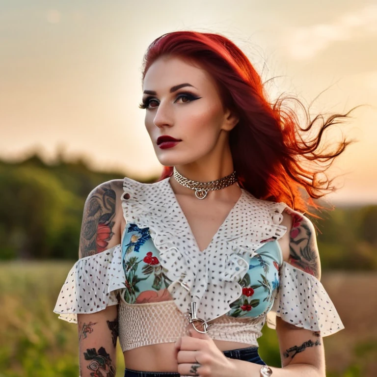 cinematic film still a professional photography headshot of an ((ohwx woman)) in a Gucci blouse with layered ruffles and beautiful print, perfect detailed face, detailed eyes, detailed skin, tattooed girl, multicolored hair, incredibly detailed makeup, natural lighting, outdoors, bokeh background, symmetrical figure, plain backdrop, professional setting, beautiful effects, perfect photography, highest quality work, shot by a professional photographer . shallow depth of field, vignette, highly detailed, high budget, bokeh, cinemascope, moody, epic, gorgeous, film grain, grainy
