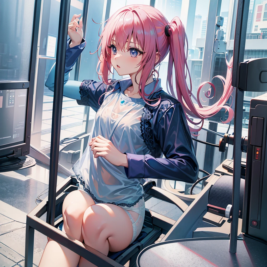 masterpiece, best quality, highres, aanana, long hair, twintails,1girl.solo,office, bookshelf,office lady,milf,
( blue lace sheer shirts:1.3),(short sleeves:1.1),white panties, sheer leggings, shirt, skirt,
squatting,