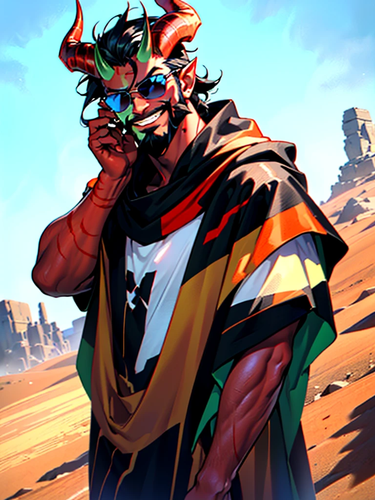 Masterpiece, full body, 1male, solo, a mature male tiefling with (((red skin))), short (((red horns))), , ((medium)) black beard, (((mexican poncho))), black sunglasses, (((Masculine face, full beard, short black hair, hyper detailed clothes, hyper detailed face and hair, smirk))), wind, dinamic pose, desert background, yellow filter, cinematic lighting