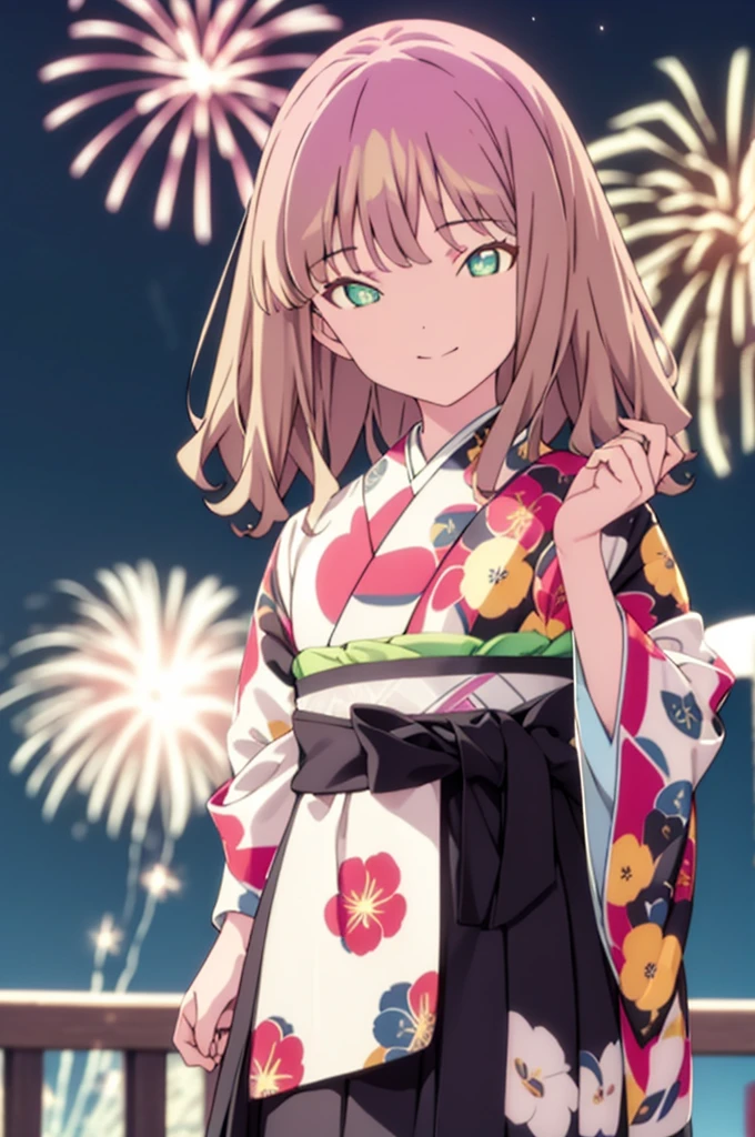 Yume Minami,sss dynazenon ,Brown Hair,Green Eyes,hair tied back,Flower hair ornament,Aka kimono,Thick sleeves,Sandals,So that the whole body goes into the illustration,smile,Fireworks in the night sky,Fireworks,The place is a fireworks display、Time is night,break outdoors, Festival,break looking at viewer, Upper Body,(Cowboy Shot:1. 5) , break (masterpiece:1.2), Highest quality, High resolution, unity 8k wallpaper, (shape:0.8), (Beautiful and beautiful eyes:1.6), Highly detailed face, Perfect lighting, Extremely detailed CG, (Perfect hands, Perfect Anatomy),