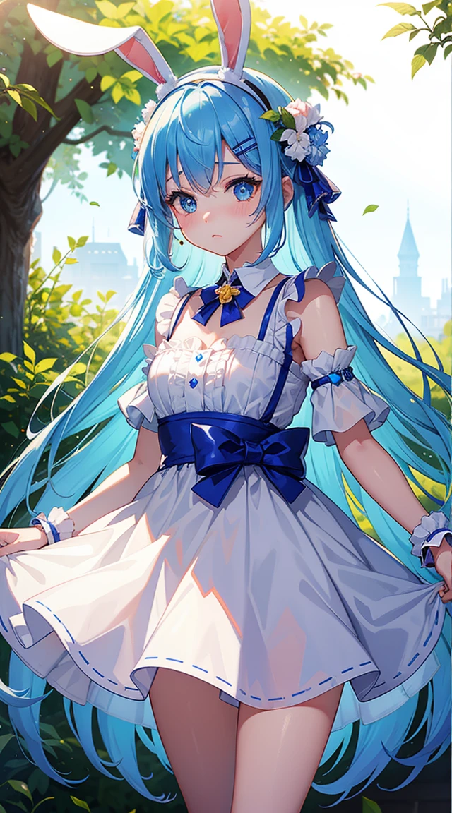 （High-quality, ultra-detailed CG art、Bunny ears headband：1.2）Blue Hair、Large Eyes、cold、Cool Beauty、1６Year、blush、Eye problems、Double Tail、、small、summer 、garden
