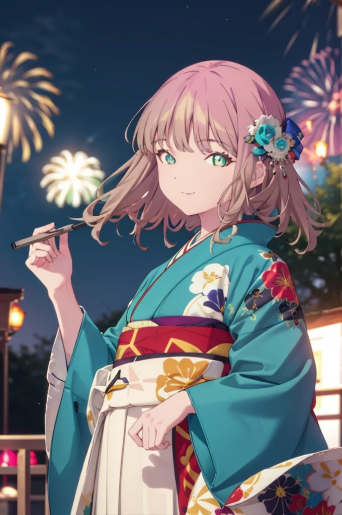 Yume Minami,sss dynazenon ,Brown Hair,Green Eyes,hair tied back,Flower hair ornament,Aka kimono,Thick sleeves,Sandals,So that the whole body goes into the illustration,smile,Fireworks in the night sky,Fireworks,The place is a fireworks display、Time is night,break outdoors, Festival,break looking at viewer, Upper Body,(Cowboy Shot:1. 5) , break (masterpiece:1.2), Highest quality, High resolution, unity 8k wallpaper, (shape:0.8), (Beautiful and beautiful eyes:1.6), Highly detailed face, Perfect lighting, Extremely detailed CG, (Perfect hands, Perfect Anatomy),