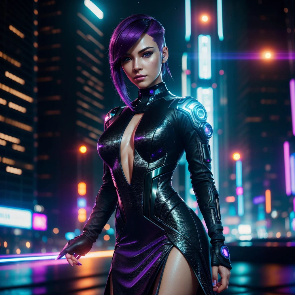 (Hyper-realistic), (lightening), (High resolution), (32k), (extremely detailed), (masterpiece), (realistic),(realistic skin),(extremely detailed skin), portrait of a cyber android girl, purple hair, cyberpunk haircut, cyberpunk hairstyle, the most beautiful in the world, beautiful face, beautiful hands, Beautiful eyes, (realistic elegant dress).
Black dress, well-fitting dress, sweaty skin, Upper body, light reflections, Outdoors, futuristic cyber city, Cyber Red Light District Background, professional photography of a beautiful detailed woman, sharpness, Spectacular, award-winning, cinematic lighting, unreal octane renderer, dtx volumetrics, (blurred background, blurred foreground, bokeh, depth of field, cyber night city light, Motion blur:1.3)