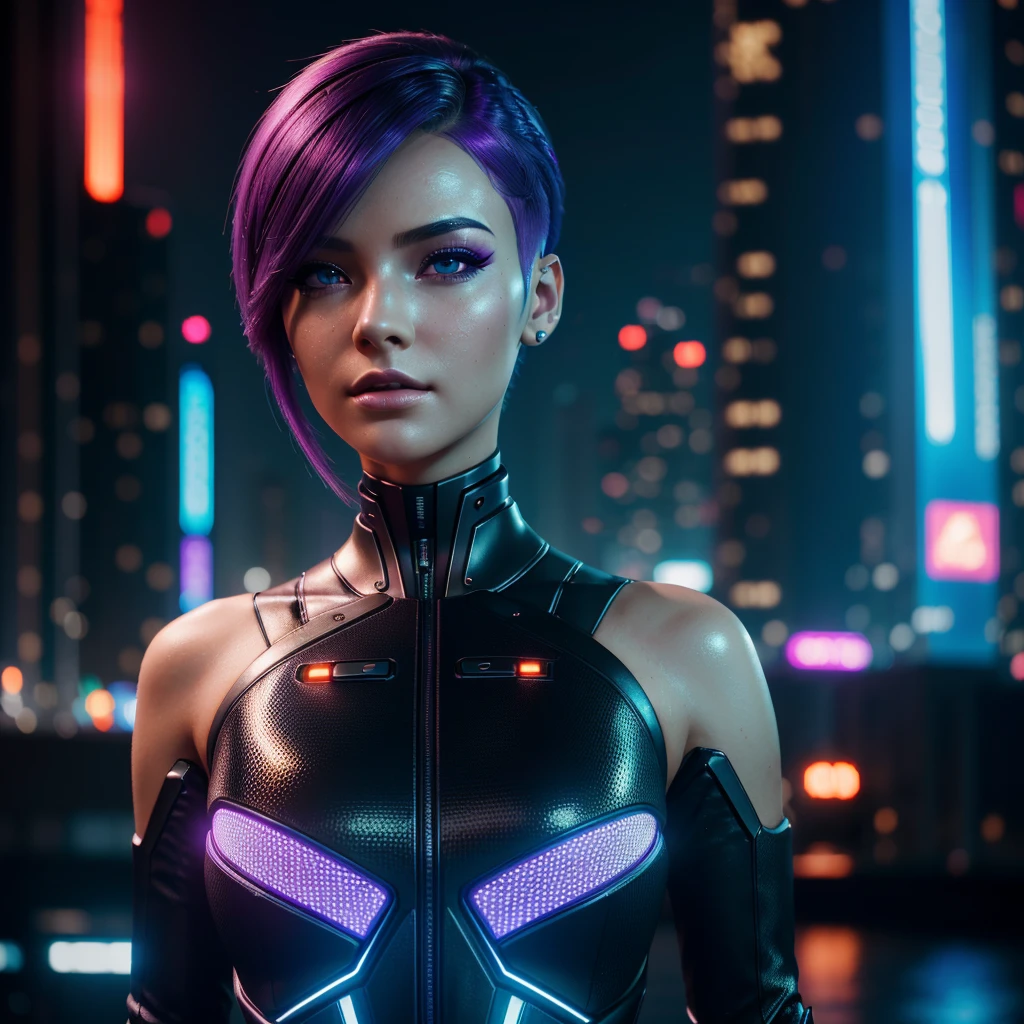 (Hyper-realistic), (lightening), (High resolution), (32k), (extremely detailed), (masterpiece), (realistic),(realistic skin),(extremely detailed skin), portrait of a cyber android girl, purple hair, cyberpunk haircut, cyberpunk hairstyle, the most beautiful in the world, beautiful face, beautiful hands, Beautiful eyes, (realistic elegant dress).

Black dress, well-fitting dress, sweaty skin, Upper body, light reflections, Outdoors, futuristic cyber city, Cyber ​​Red Light District Background, professional photography of a beautiful detailed woman, sharpness, Spectacular, award-winning, cinematic lighting, unreal octane renderer, dtx volumetrics, (blurred background, blurred foreground, bokeh, depth of field, cyber night city light, Motion blur:1.3)