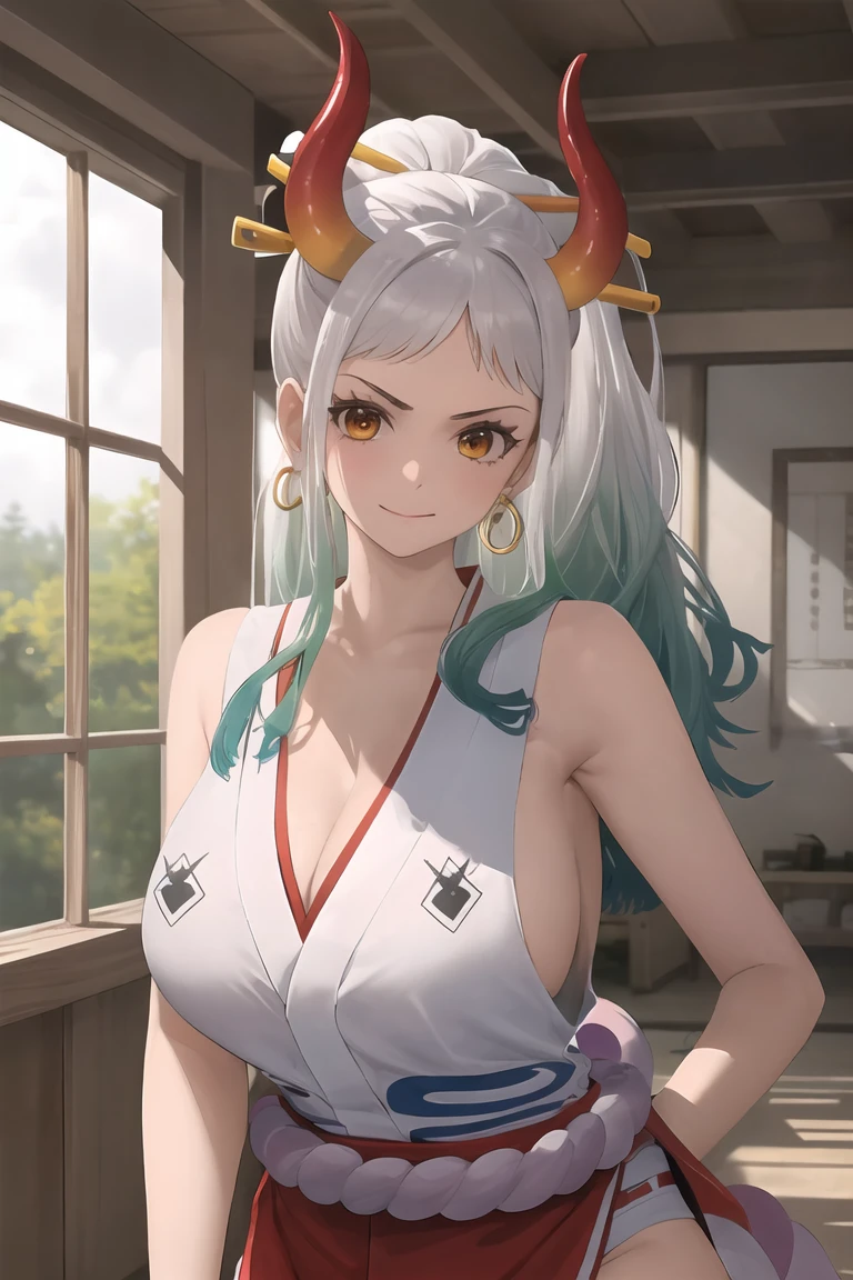 (masterpiece), hdr, proud mood,cleavage yamato, earrings, hair stick, bare shoulders, japanese clothes, kimono, rope, sleeveless kimono, shimenawa, high ponytail, looking at viewer, lightning effect, bathing, room, indoors, ass, big ass, big breasts
