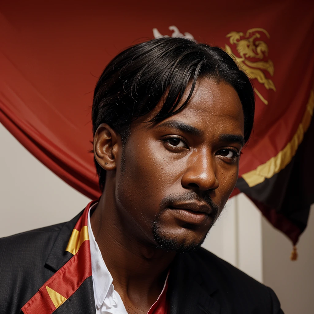 Create image of an NFT style gentleman , with the Angolan flag in the background ! 