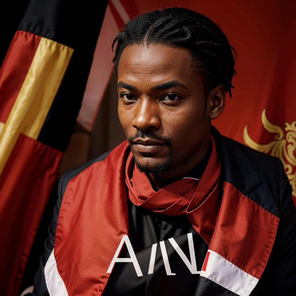 Create image of an NFT style gentleman , with the Angolan flag in the background !