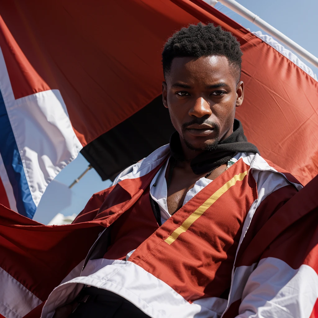 Create image of an NFT style gentleman , with the Angolan flag in the background !