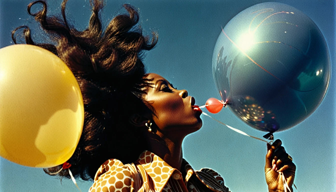 1970s photo of a beautiful african-american woman blowing up a balloon, atmospheric perspective, textured skin, cinematic action, super detail,