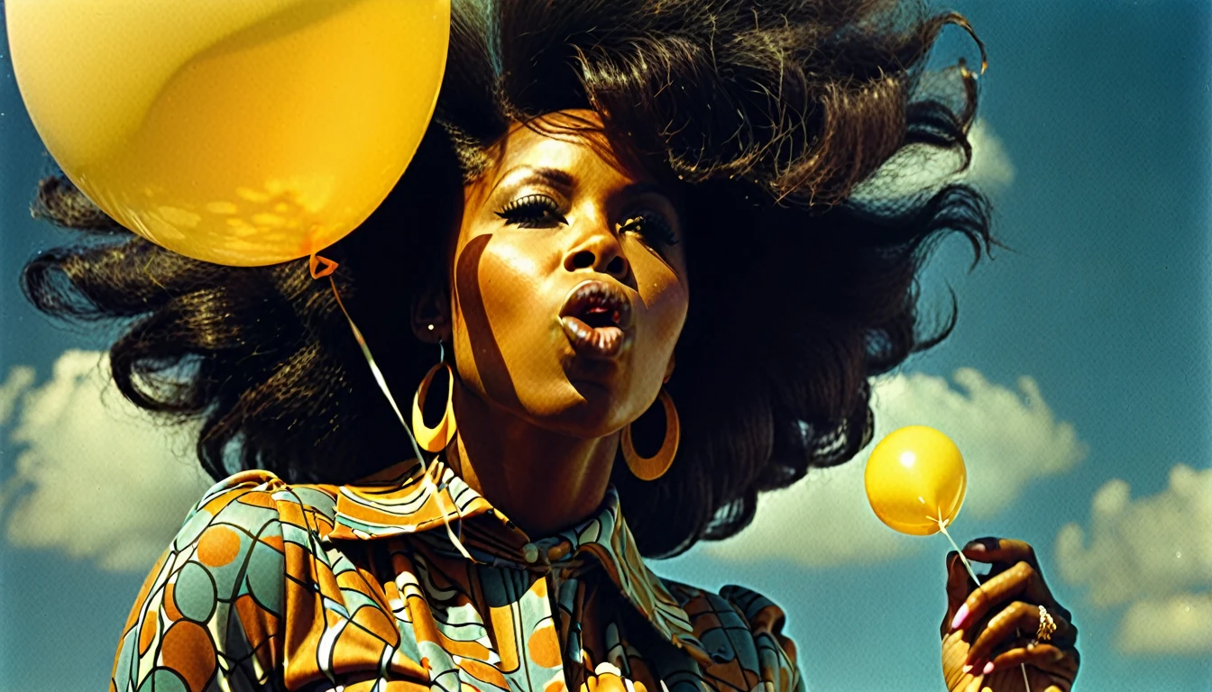 1970s photo of a beautiful african-american woman blowing up a balloon, atmospheric perspective, textured skin, cinematic action, super detail,