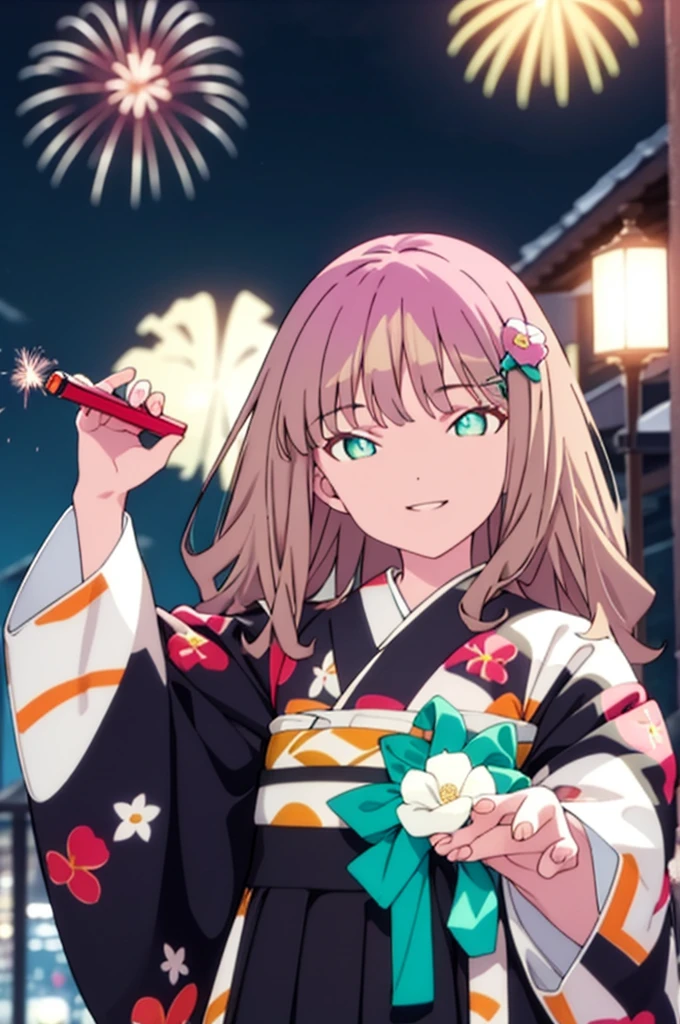 Yume Minami,sss dynazenon ,Brown Hair,Green Eyes,hair tied back,Flower hair ornament,Aka kimono,Thick sleeves,Sandals,So that the whole body goes into the illustration,smile,Fireworks in the night sky,Fireworks,The place is a fireworks display、Time is night,break outdoors, Festival,break looking at viewer, Upper Body,(Cowboy Shot:1. 5) , break (masterpiece:1.2), Highest quality, High resolution, unity 8k wallpaper, (shape:0.8), (Beautiful and beautiful eyes:1.6), Highly detailed face, Perfect lighting, Extremely detailed CG, (Perfect hands, Perfect Anatomy),