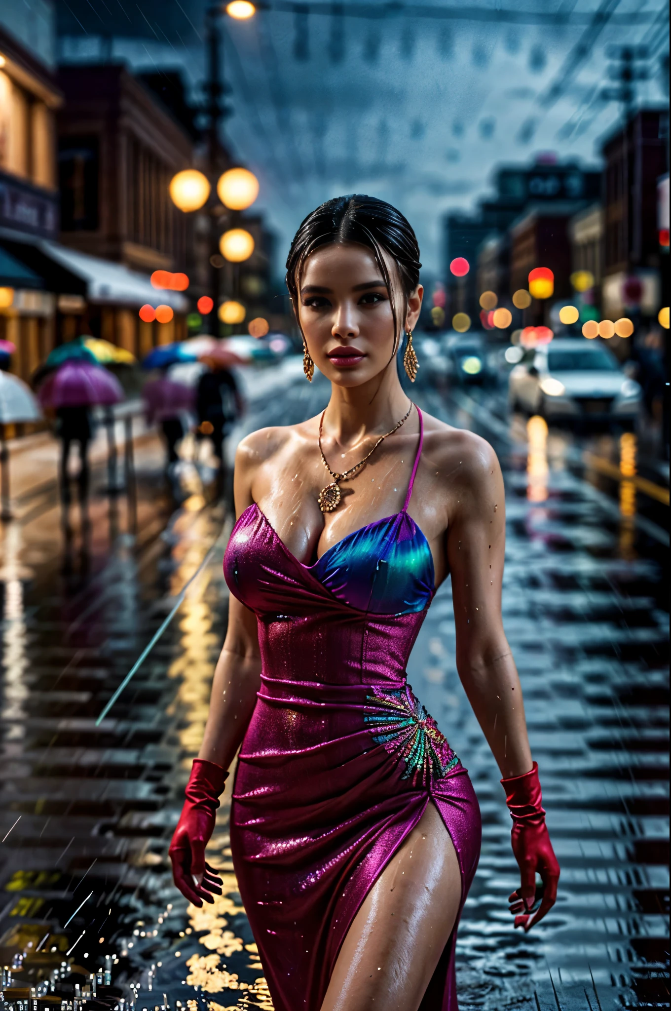 half body, a beautiful girl in an evening dress, long gloves, necklace and various accessories, in a busy downtown area with a lot of people at night on a rainy day, (rain is expressed by motion blur effect: 1.5), detailed face, elegant, cinematic lighting, high fashion, intricate dress design, flowing fabric, luxury, opulent, dramatic colors, rich tones, glamorous, ethereal, exquisite, (best quality,4k,8k,highres,masterpiece:1.2),ultra-detailed,(realistic,photorealistic,photo-realistic:1.37),HDR,UHD,studio lighting,ultra-fine painting,sharp focus,physically-based rendering,extreme detail description,professional,vivid colors,bokeh,fashion photography