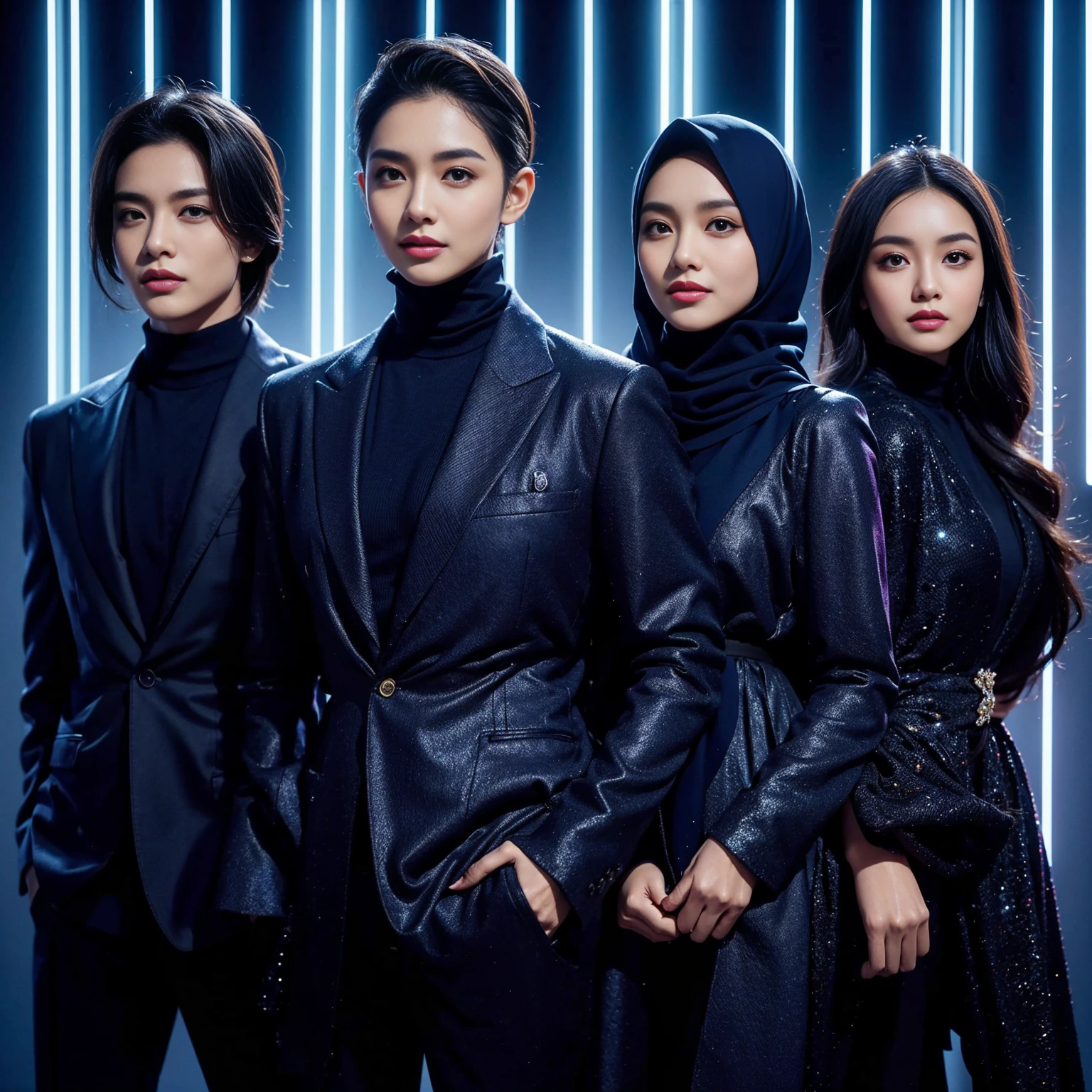 indonesian group cover, photo editor, creative design, must consisting of 4 people; one man with long hair, one man with short hair, one woman with a hijab, one woman with long hair, they wore dark blue matching glamour outfit, standing posing confidently facing the camera, they are smile, look like a movie scene, stunning abstract neon light photo editor's room background, Taken using Sony alpha α7CR full-frame, 1536px, photorealistic, high quality, high definition photo.