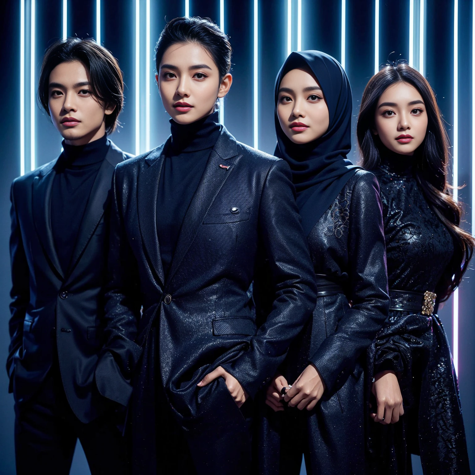 indonesian group cover, photo editor, creative design, must consisting of 4 people; one man with long hair, one man with short hair, one woman with a hijab, one woman with long hair, they wore dark blue matching glamour outfit, standing posing confidently facing the camera, they are smile, look like a movie scene, stunning abstract neon light photo editor's room background, Taken using Sony alpha α7CR full-frame, 1536px, photorealistic, high quality, high definition photo.