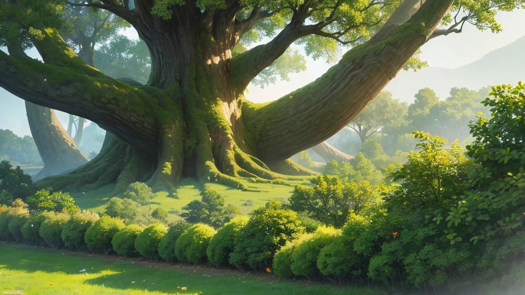 anime style, medieval anime, a giant tree on top of a small relief with no other tree in the image, dense and large canopy, leaves flying with the wind, straight trunk, extremely detailed tree