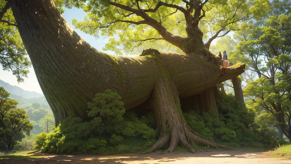 anime style, medieval anime, a giant tree on top of a small relief with no other tree in the image, dense and large canopy, leaves flying with the wind, straight trunk, extremely detailed tree