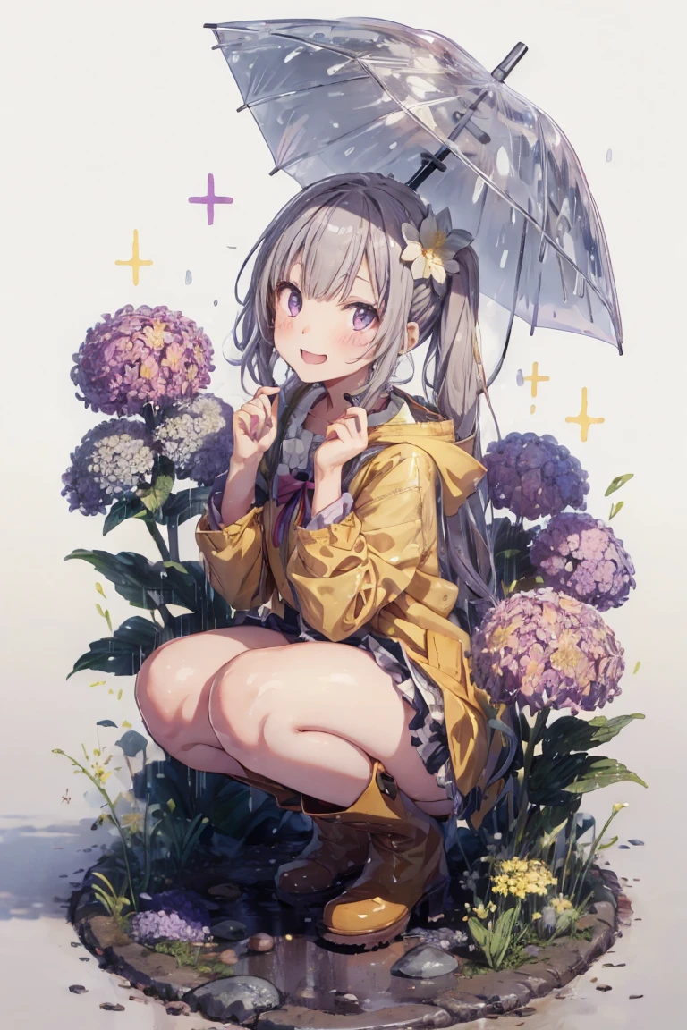 One Girl,rainbow,raincoat,yellow raincoat,rubber Knee-high boots,Hydrangea,flower,Long Hair,Twin tails,Knee-high boots,blush,umbrella,Open your mouth,hair ornaments,white background,Food,alone,Terboz,very Long Hair,Food up,Long sleeve,Low Ponytail,bow,bangs,smile,animal Food,closeD umbrella,puddle,Cowboy Shot、Squat,:D,snails,Yellow footwear, background,pink flower,Are standing,leaf umbrella,Holding umbrella,fooD-themeD hair ornaments,hair bow,animal ears,Holding,Blonde,hair flower,rain,animal,Gray Hair、Light purple eyes、Bob Hair、Laughter、Purple Raincoat、