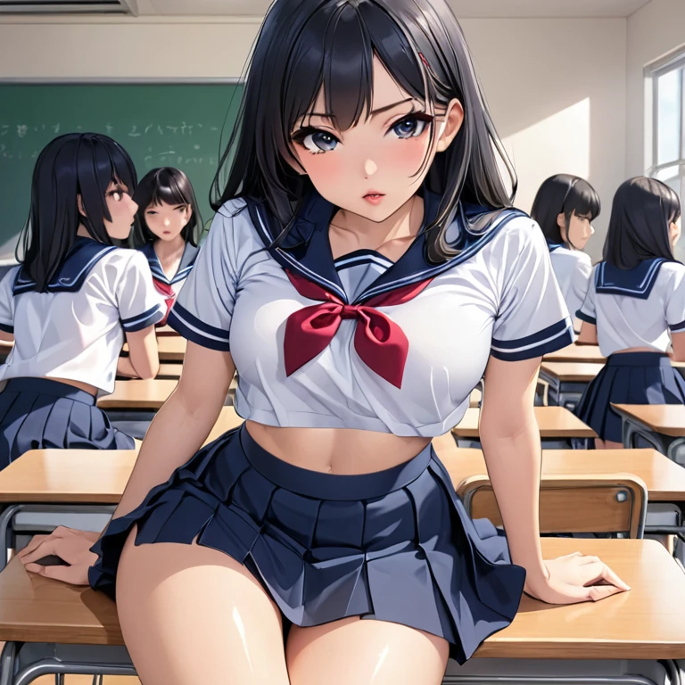 middle School girls、Black Haired Beautiful Girl、uniform、薄い生地のuniform、Naughty lips、Collarbone in full view、Waistline、Navy Skirt、Sexy thighs、School、classroom