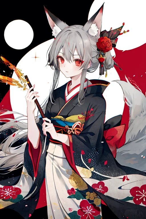 anime girl with long grey hair, 1 red eye and 1 grey eye, dressed in a kimono with a fox tail and fox ears