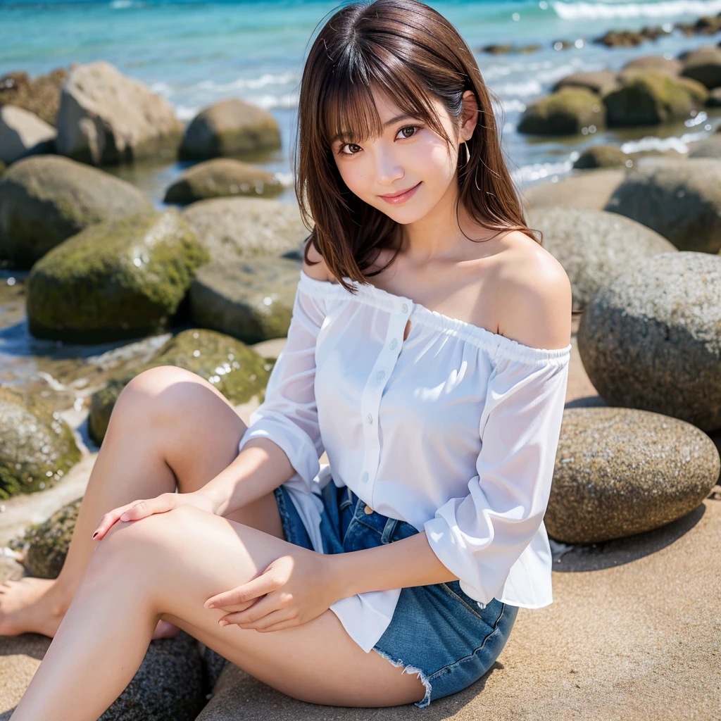 (Captured by a professional photographer:1.2), high quality, Realistic, Best image quality:1.3, (RAW Photos:1.1), Amateur models, (Accurate skeleton:1.2), (Attention to detail:1.1), 30 years old, Japanese women,(Beach), (White blouse:1.2, hot pants:1.2),Off the shoulder, barefoot, Looking at the camera:1.1, look at the person you like, Gentle expression, Thighs are visible, Warm sunshine,(Detailed eyes:1.1), (Detailed hand), (Detailed feet), smile:0.2, Cleavage:0.2, Medium chest, Sweat:0.2, 