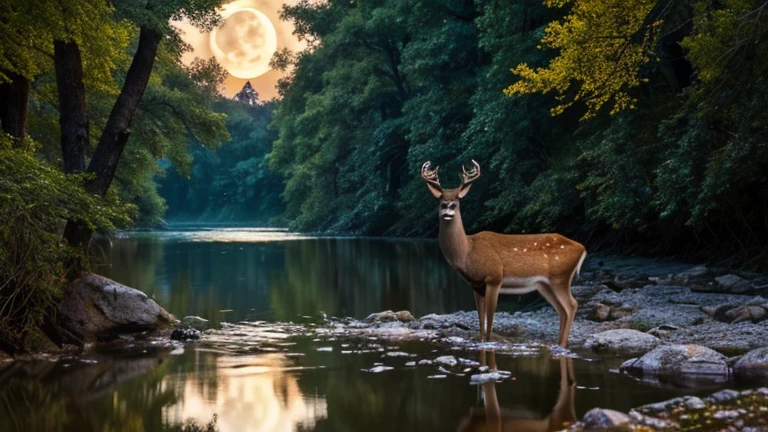 Imagen Cyber Realistic, Best Quality, (Highly detailed CG Unity 8k wallpaper), (Best Quality), (best illustration), (best shadows), shining river, con un Deer resplandeciente, in a river of crystal clear waters, natural elements in the forest theme. mysterious forest, beautiful forest, nature, surrounded by flowers, delicate leaves and branches surrounded (natural elements), (forest theme), (leaves), (Deer), (full moon), (efectos de reflejo de la full moon en el rio) Deer a la orilla del rio. 2 Deers más. Reflejo de la full moon en el agua cristalina