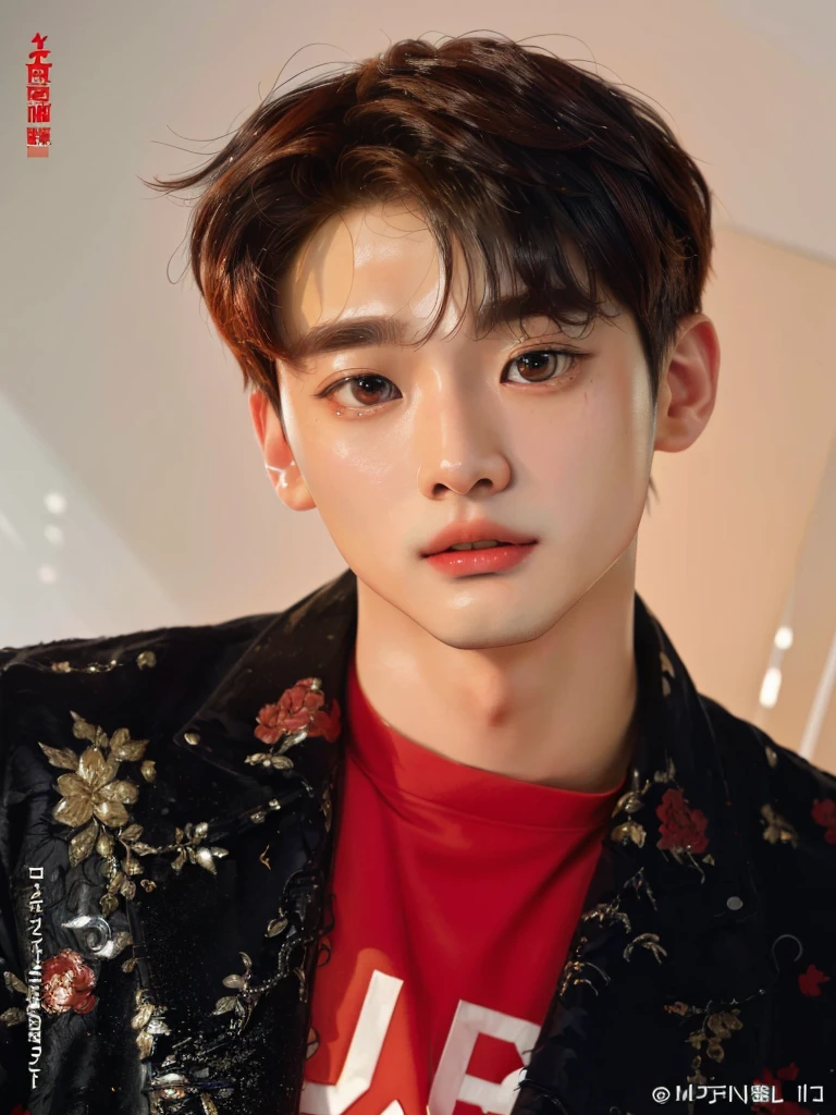 a close up of a person wearing a jacket and a red shirt, jinyoung shin, cai xukun, portrait of kpop idol, hyung tae, yanjun chengt, inspired by Bian Shoumin, mark lee, jinyoung shin aesthetic, hong june hyung, young wan angel, jung jaehyun, ten lee, wan adorable korean face, kim doyoung, closeup portrait shot, choi minho, minho shinee, shinee minho, choi minho shinee