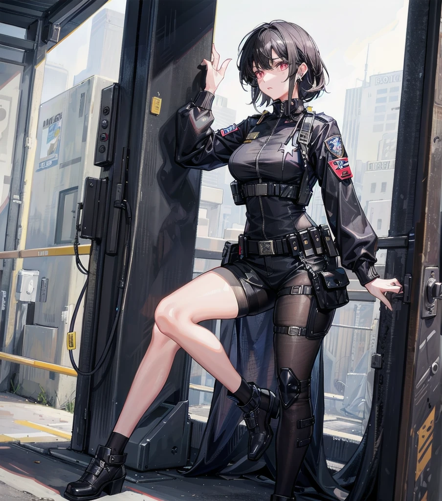 full body, medium tits, medium hair, black hair, tearful mole, earring, Sexy female police officer, uniform, Tactical belt with equipment, Glossy Badges,