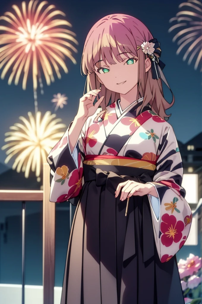 Yume Minami,sss dynazenon ,Brown Hair,Green Eyes,hair tied back,Flower hair ornament,Aka kimono,Thick sleeves,Sandals,So that the whole body goes into the illustration,smile,Fireworks in the night sky,Fireworks,The place is a fireworks display、Time is night,break outdoors, Festival,break looking at viewer, Upper Body,(Cowboy Shot:1. 5) , break (masterpiece:1.2), Highest quality, High resolution, unity 8k wallpaper, (shape:0.8), (Beautiful and beautiful eyes:1.6), Highly detailed face, Perfect lighting, Extremely detailed CG, (Perfect hands, Perfect Anatomy),