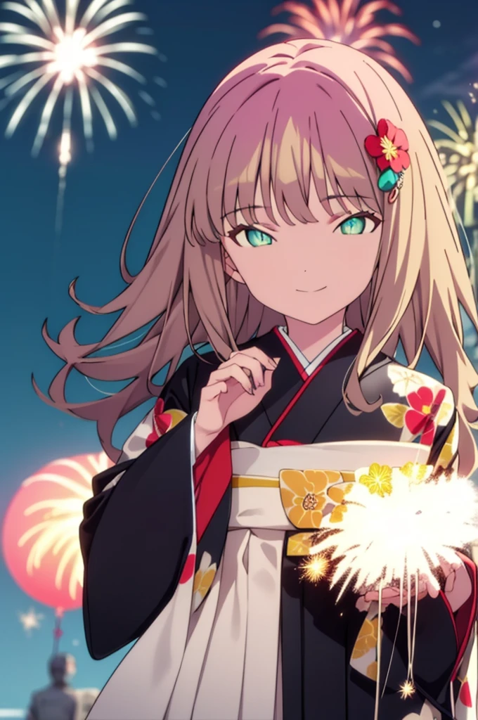 Yume Minami,sss dynazenon ,Brown Hair,Green Eyes,hair tied back,Flower hair ornament,Aka kimono,Thick sleeves,Sandals,So that the whole body goes into the illustration,smile,Fireworks in the night sky,Fireworks,The place is a fireworks display、Time is night,break outdoors, Festival,break looking at viewer, Upper Body,(Cowboy Shot:1. 5) , break (masterpiece:1.2), Highest quality, High resolution, unity 8k wallpaper, (shape:0.8), (Beautiful and beautiful eyes:1.6), Highly detailed face, Perfect lighting, Extremely detailed CG, (Perfect hands, Perfect Anatomy),
