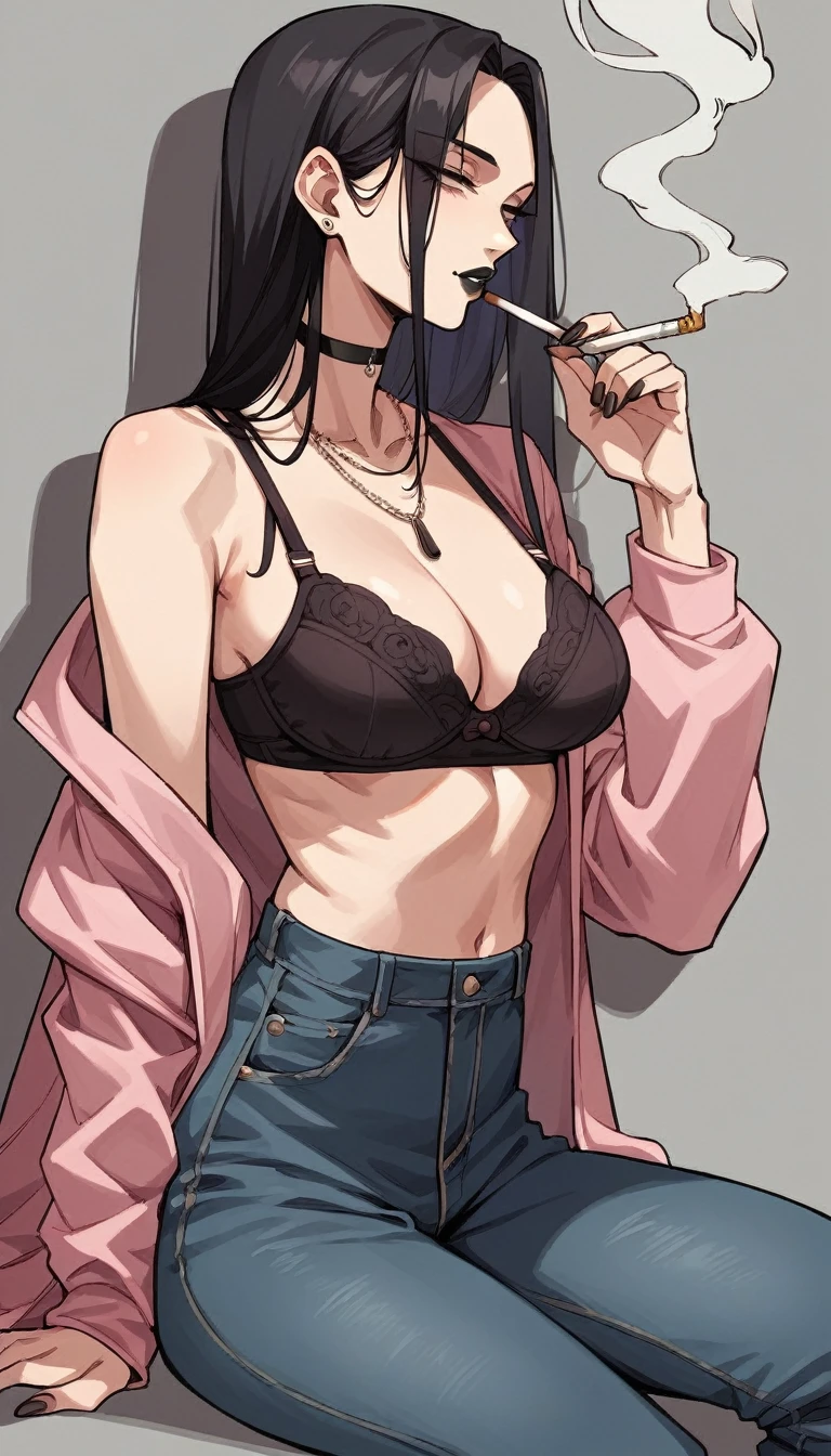 score_9, score_8_up, score_7_up, source_anime, rating_explicit, beautyful mature japanese woman, slim body, slender body, pink jacket, black necklaces, black chocker, lowered black jeans,big long fringe black hair, black lipstick, black bra, SMOKING, pink panties