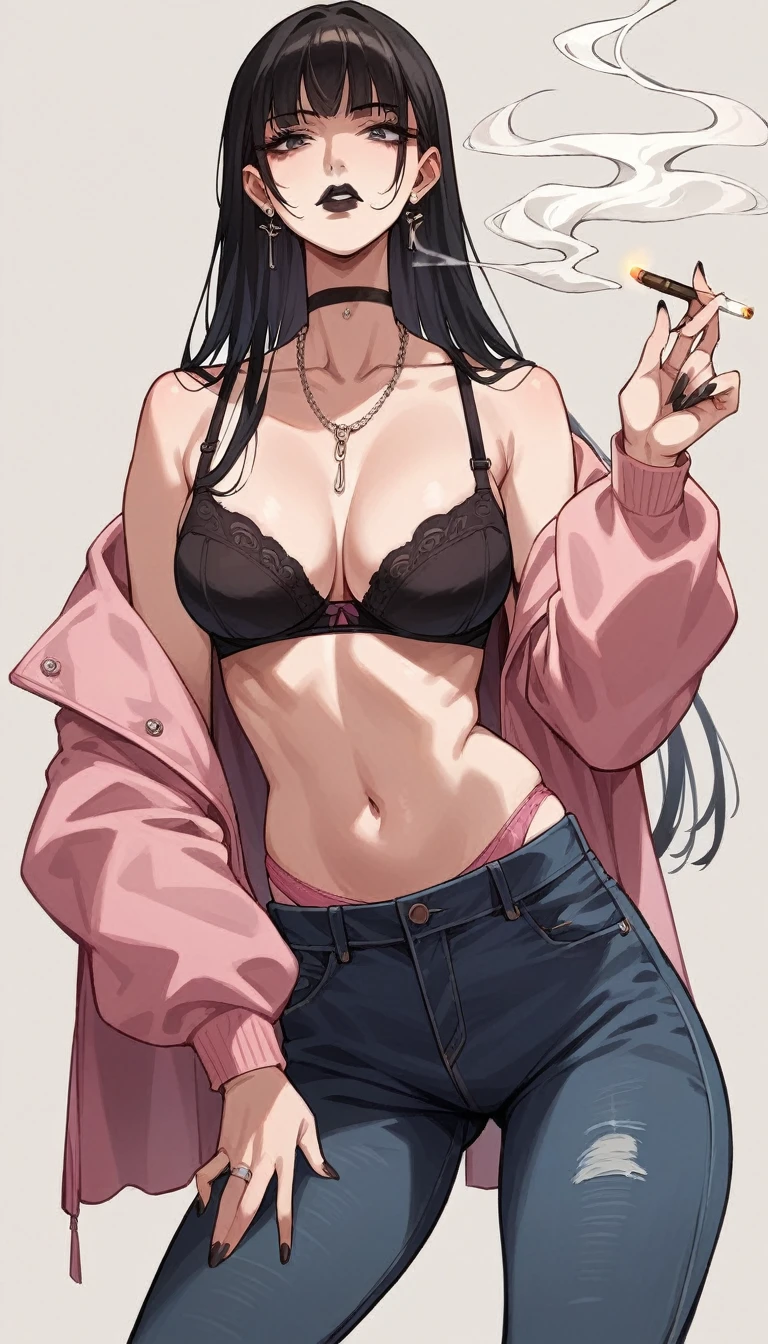 score_9, score_8_up, score_7_up, source_anime, rating_explicit, beautyful mature japanese woman, slim body, slender body, pink jacket, black necklaces, black chocker, lowered black jeans,big long fringe black hair, black lipstick, black bra, SMOKING, pink panties