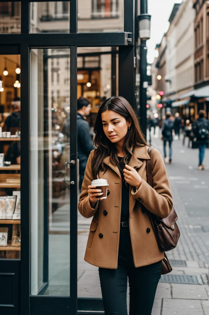 create the image of a man in a coffee shop drinking a cold coffee, seeing through the glass a young woman crossing the street in