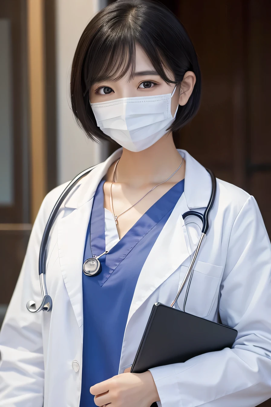 Beautiful young woman、 Korean women、Black Hair、Necklace around the neck、White、Stethoscope、Mask on mouth、short hair、Intricate details, Very detailed:1.2), 、 Looking into the camera,The background is a doctor's office.、ear piercing