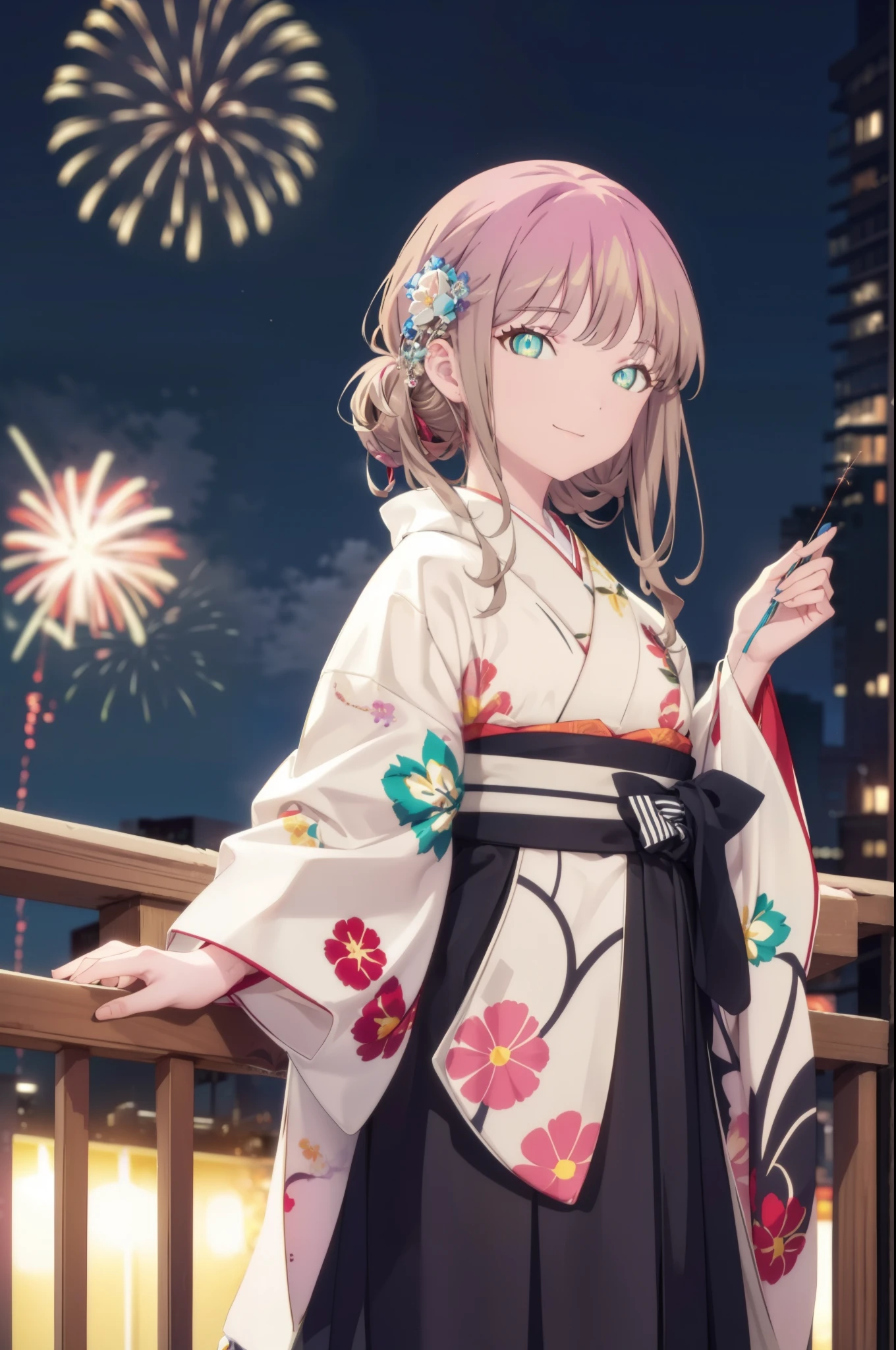 Yume Minami,sss dynazenon ,Brown Hair,Green Eyes,hair tied back,Flower hair ornament,Aka kimono,Thick sleeves,Sandals,So that the whole body goes into the illustration,smile,Fireworks in the night sky,Fireworks,The place is a fireworks display、Time is night,break outdoors, Festival,break looking at viewer, Upper Body,(Cowboy Shot:1. 5) , break (masterpiece:1.2), Highest quality, High resolution, unity 8k wallpaper, (shape:0.8), (Beautiful and beautiful eyes:1.6), Highly detailed face, Perfect lighting, Extremely detailed CG, (Perfect hands, Perfect Anatomy),