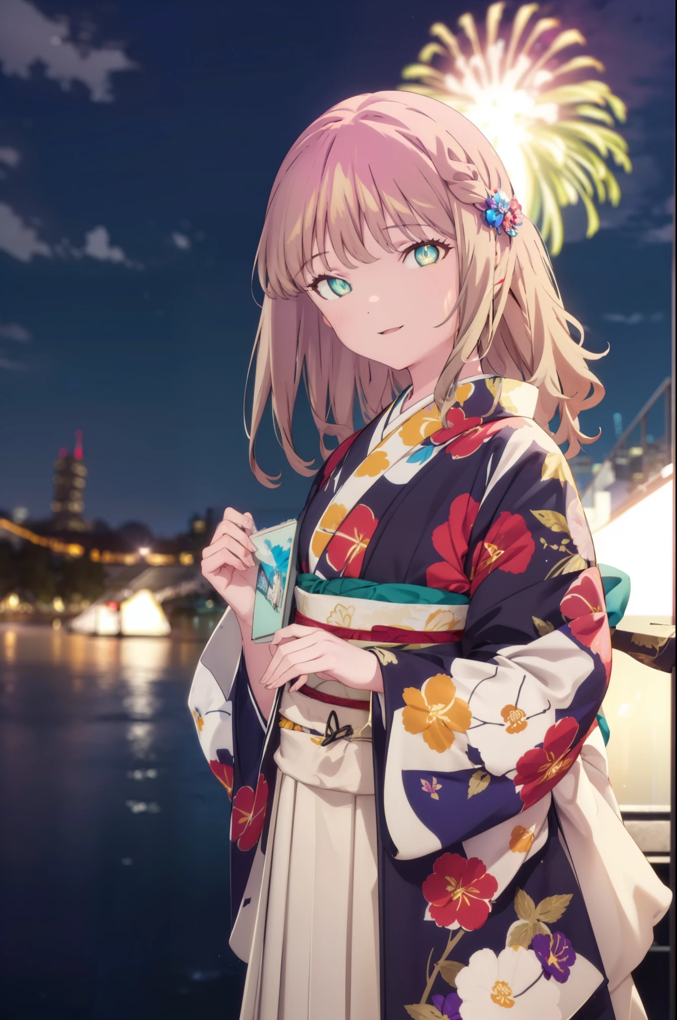 Yume Minami,sss dynazenon ,Brown Hair,Green Eyes,hair tied back,Flower hair ornament,Aka kimono,Thick sleeves,Sandals,So that the whole body goes into the illustration,smile,Fireworks in the night sky,Fireworks,The place is a fireworks display、Time is night,break outdoors, Festival,break looking at viewer, Upper Body,(Cowboy Shot:1. 5) , break (masterpiece:1.2), Highest quality, High resolution, unity 8k wallpaper, (shape:0.8), (Beautiful and beautiful eyes:1.6), Highly detailed face, Perfect lighting, Extremely detailed CG, (Perfect hands, Perfect Anatomy),