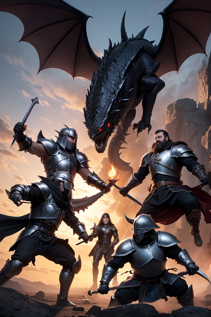 Make a picture of five people and a dwarf in black armor and swords fighting a flying black dragon