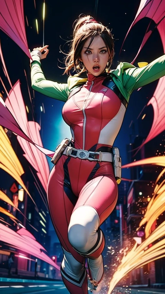 Solo, A brave and courageous image of a 6 member ranger team, Each one is decorated in vibrant colors such as:: ((Pink)), red is front of center, violet, Green, yellow, blue black, white,. Dynamic poses in a background that exudes energy and courage, neon, fire, plasma, Fluorescent, shocking, pink big bomber, splashing pink, running, fighting pose, action pose, Embodying the essence of the classic Sentai superhero team. Each Ranger:: The attire is sophisticated and modern, Each color has elements that reflect its theme., Ready for action. ((Camel Toe)), weapons, in sunset background , in cinematic lighting, cover art mixed cinema poster style,